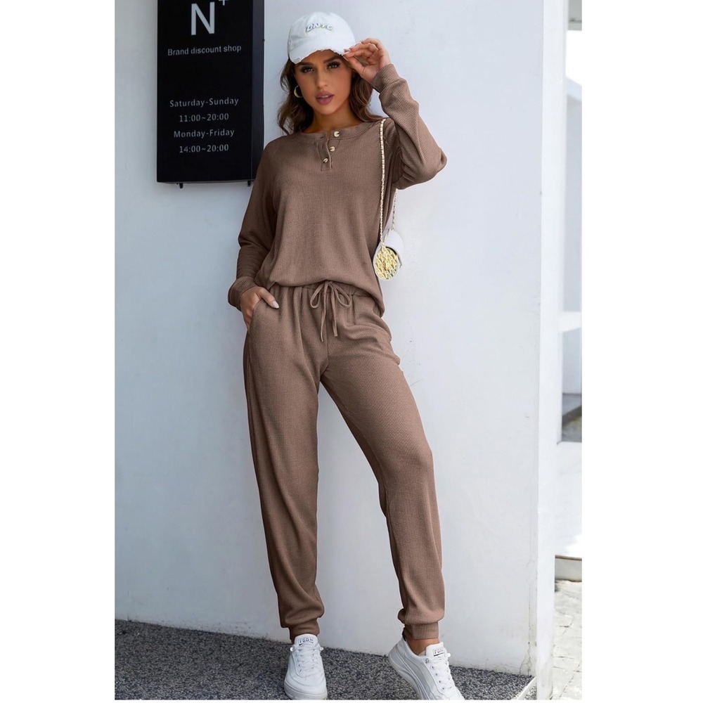 NWT‎ Andeip Coffee Brown Waffle Knit Lounge Set Henley Top and Joggers Size M